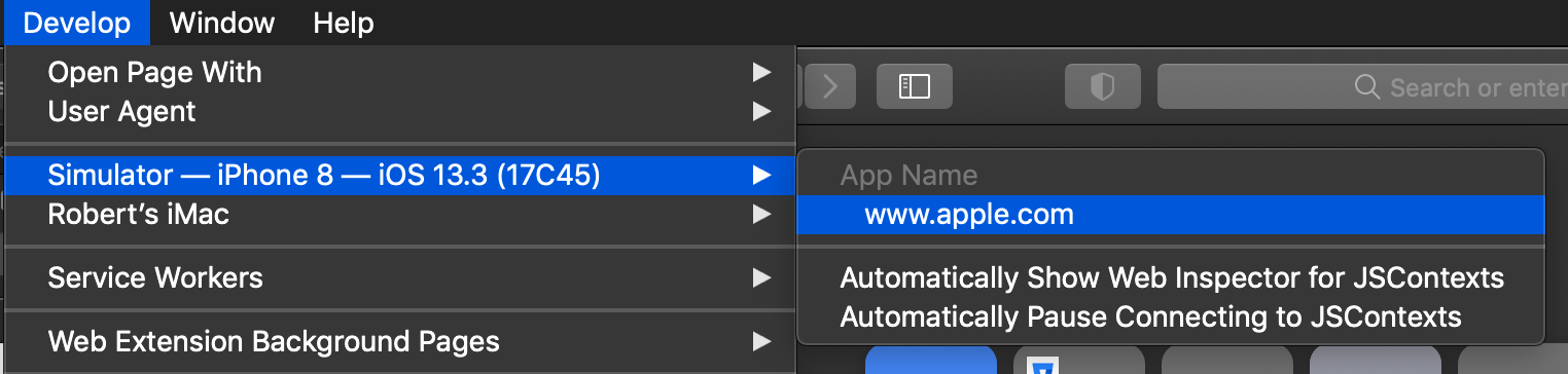 Safari Navigation Develop Menu showing an available WKWebView inside of a running app on an iPhone 8 simulator