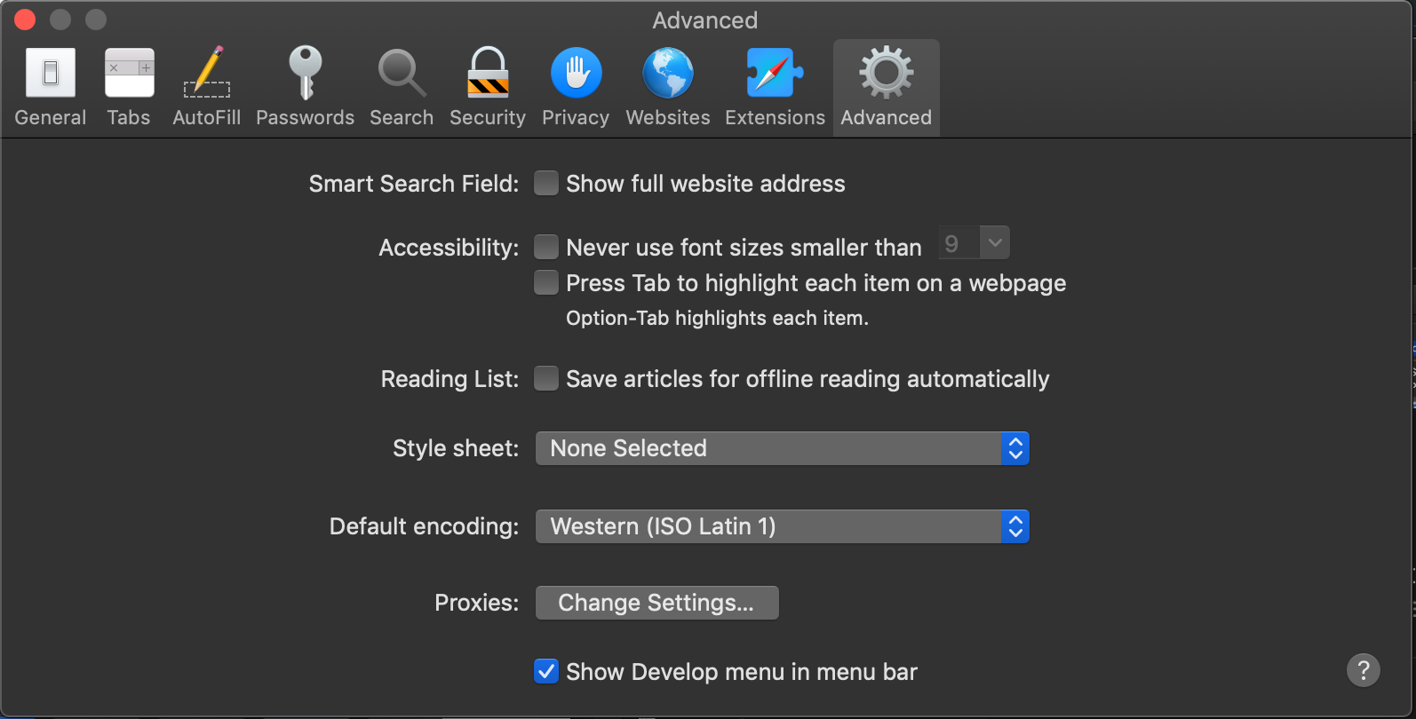 Safari Preferences, Advanced Menu showing "Show Develop menu in menu bar" enabled