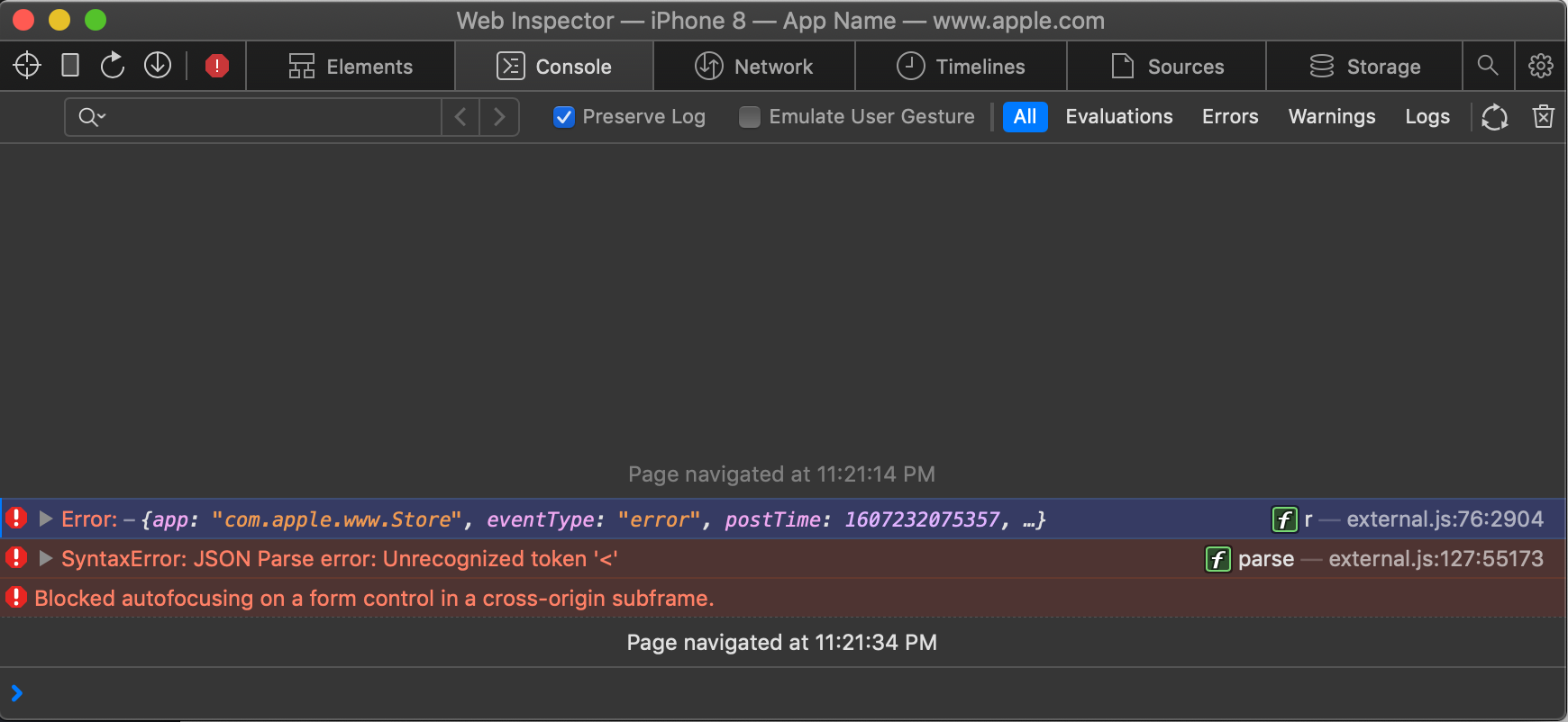 Safari Web Inspector showing a Javascript error captured in the console