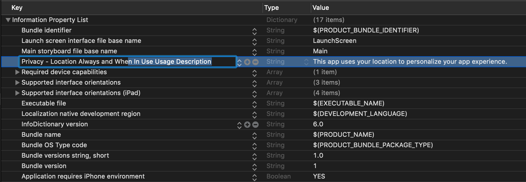 Modify Location Always and When In Use Usage Description in Xcode before requesting user location permissions