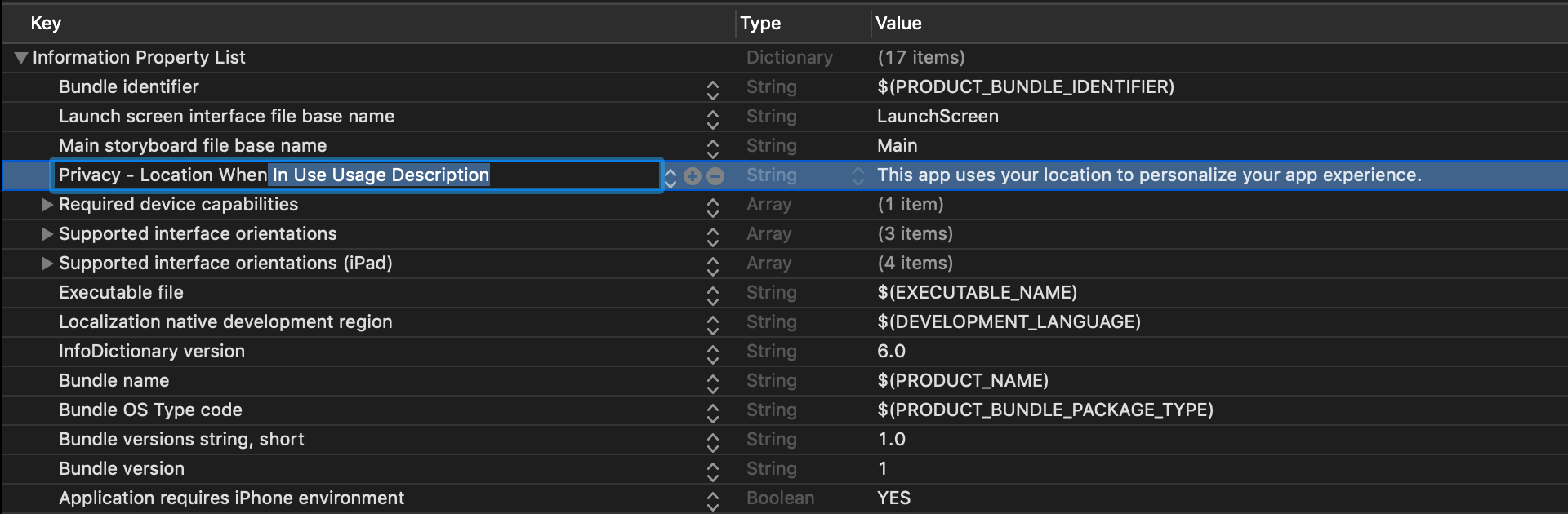 Modify "Location When In Use Usage Description" in Xcode before requesting user location permissions