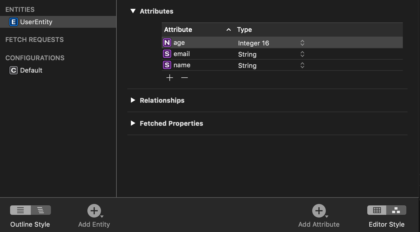 Core Data UserEntity Entity Definition In Xcode