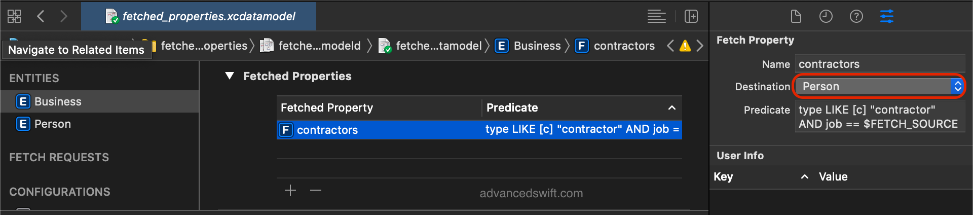 Core Data Fetched Property Example In Swift